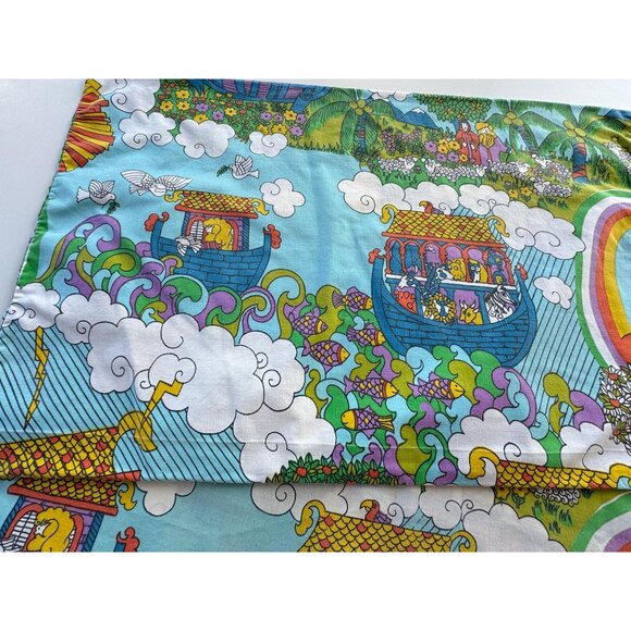 Vintage 70s pillowcases, Sears Noah's Ark, blue, purple, orange, pair - Picture 4 of 10